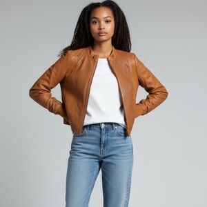 BANO EEMEE 100% Genuine Leather Cognac Moto Jacket Full Zip Closure Sz 4